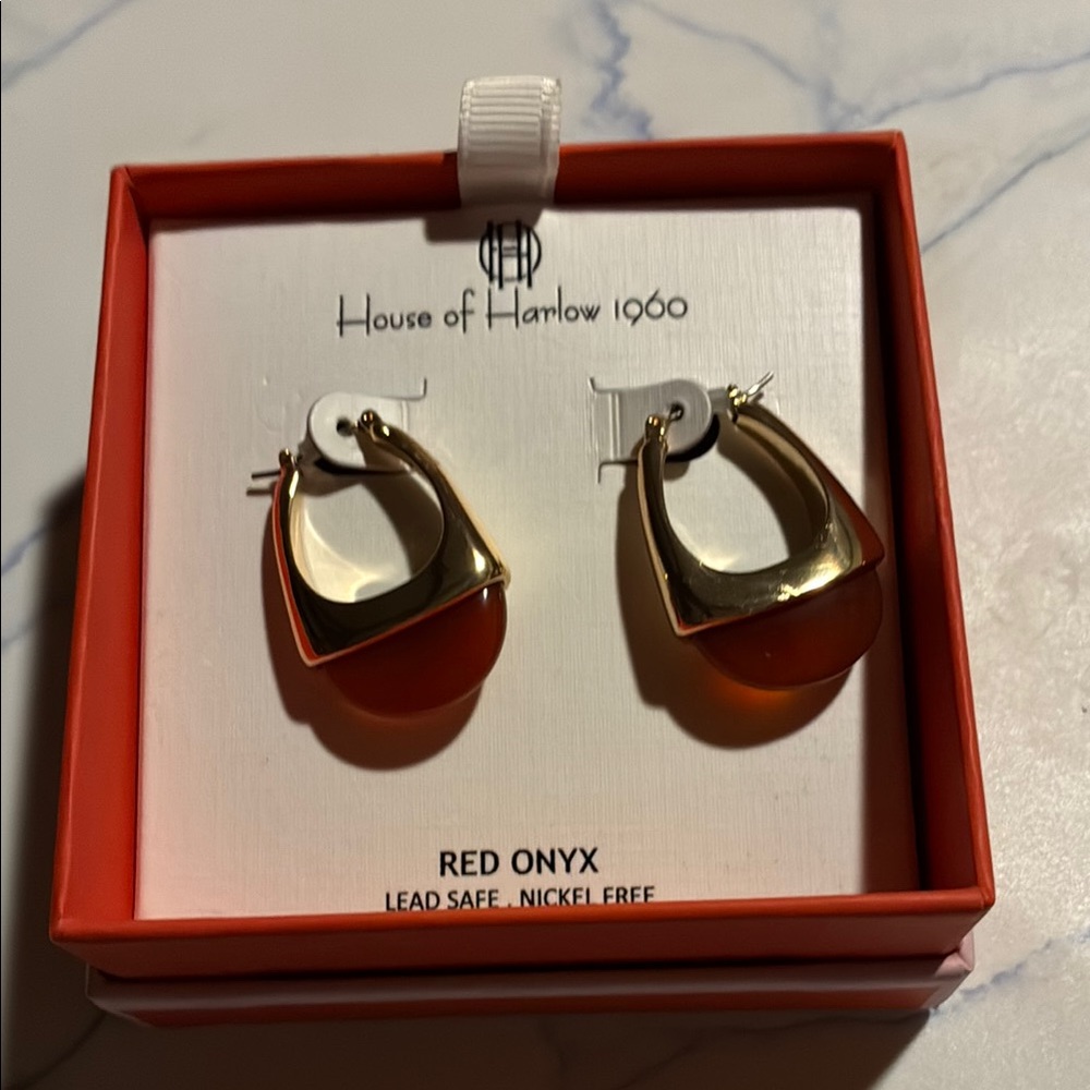 House of Harlow 1960 Gold and Red Onyx Hoops